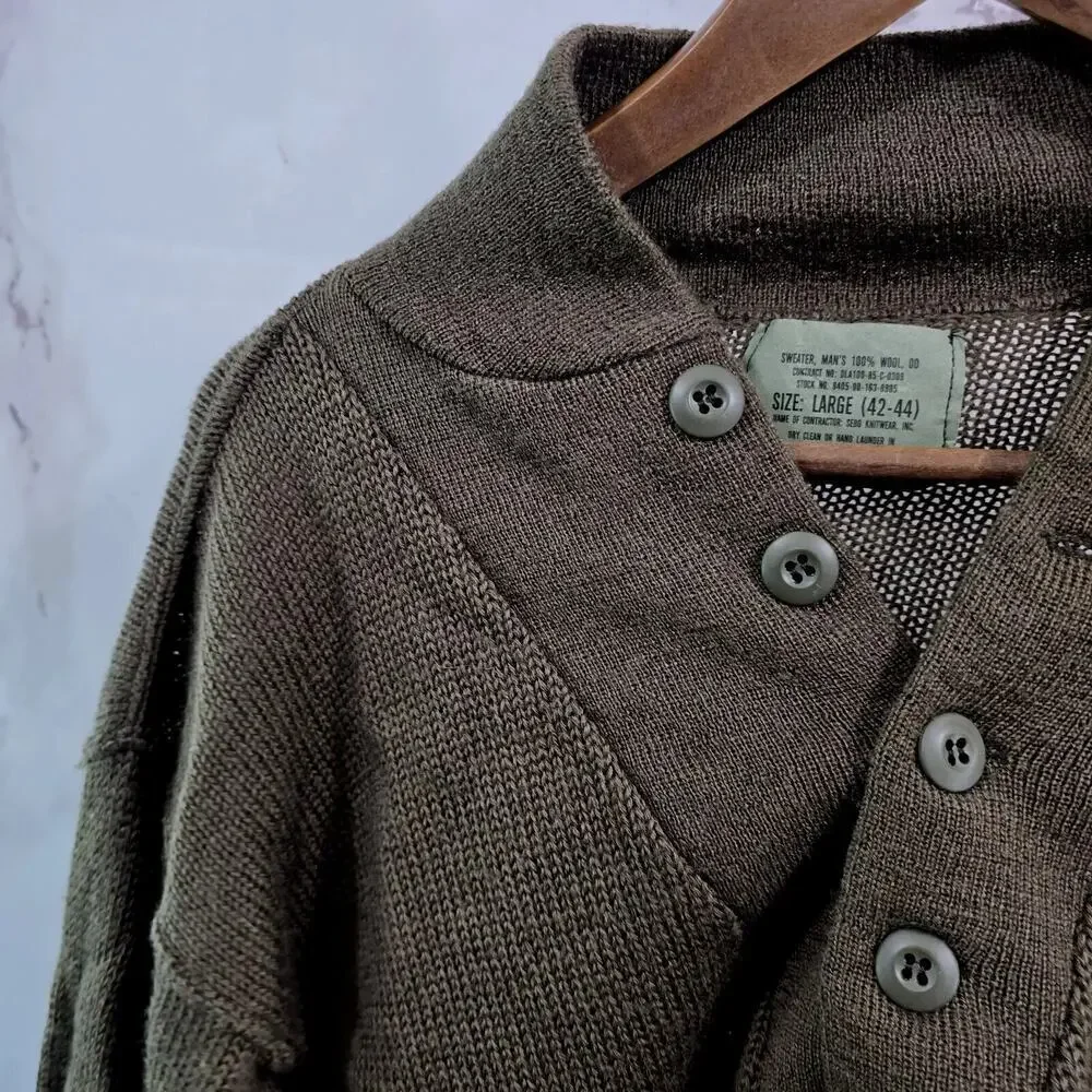 Vintage Army Sweater Mens Large Olive Green Drab Henley Knit Shawl Collar DLA